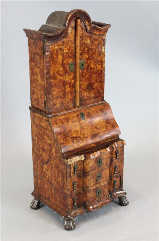 A model of an Austro-Hungarian burr wood bureau bookcase, W.1ft 4in. D.1ft 1in H.3ft 3in.